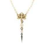 A pearl and old-cut diamond necklace, with black enamel highlights.