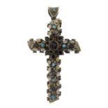 A 19th century gem-set and enamel cross pendant.Gems include turquoise and garnets.Length 8.5cms.