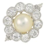 A cultured pearl and old-cut diamond cluster ring.Estimated total diamond weight 1ct,
