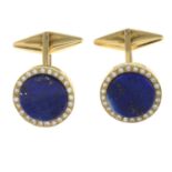 A pair of lapis lazuli and brilliant-cut diamond cufflinks.Estimated total diamond weight