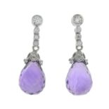 A pair of amethyst briolette and brilliant-cut diamond earrings.Estimated total diamond weight