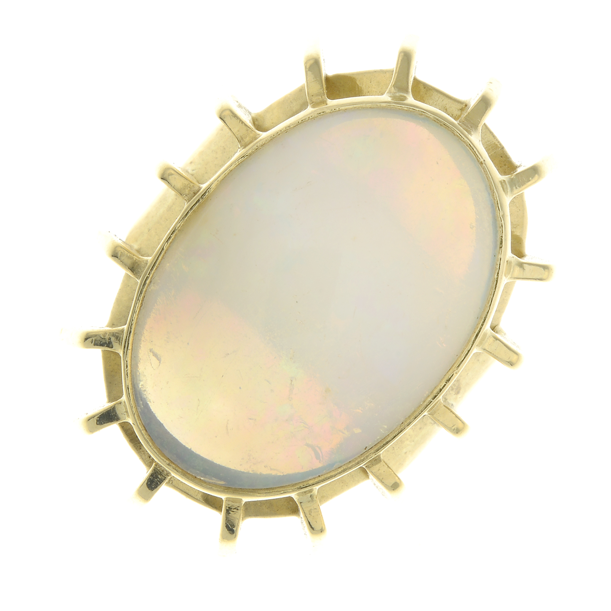 An opal cabochon single-stone ring.Approximate dimensions of opal 31.2 by 14.6 by 4.3mms.Stamped