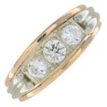 A mid 20th century 14ct gold circular-cut diamond three-stone band ring.