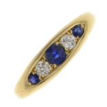 An Edwardian 18ct gold sapphire and old-cut diamond ring.Estimated total diamond weight 0.15ct,