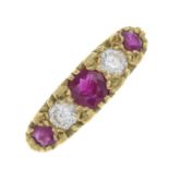 An 18ct gold ruby and brilliant-cut diamond five-stone ring.Estimated total diamond weight 0.40ct,