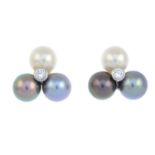 A pair of 18ct gold vari-hue cultured pearl and diamond earrings.Estimated total diamond weight