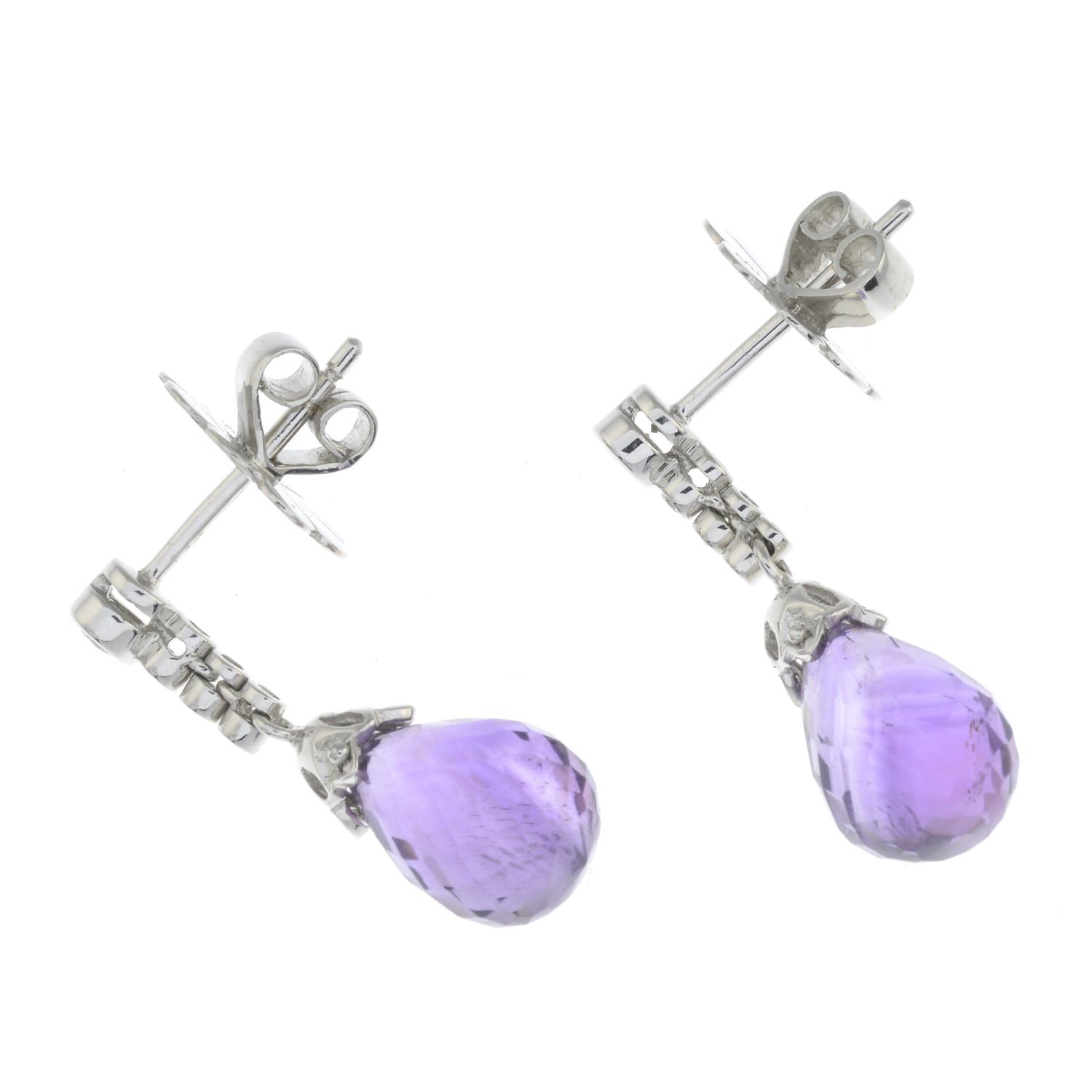 A pair of amethyst briolette and brilliant-cut diamond earrings.Estimated total diamond weight - Image 2 of 2