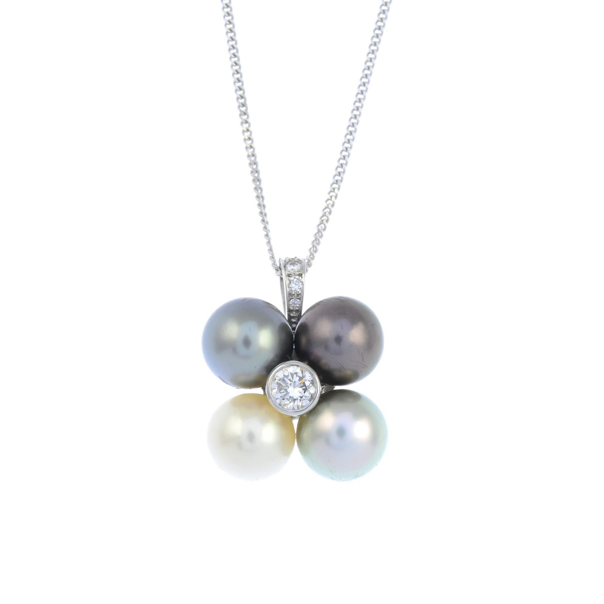 A vari-hue cultured pearl and diamond pendant,