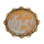 A late 19th century gold shell cameo brooch.Length 7.9cms.