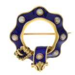 A late 19th century gold blue enamel and split pearl brooch.Diameter 3.3cms.