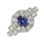 A platinum sapphire and brilliant-cut diamond dress ring.Sapphire weight 0.58ct.Total diamond