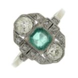 An emerald and old-cut diamond dress ring.Emerald weight 0.50ct.Estimated total diamond weight