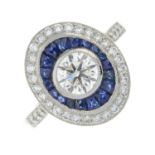 A platinum sapphire and brilliant-cut diamond cluster ring.Total sapphire weight 0.77ct.Total