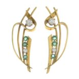 A pair of emerald and brilliant-cut diamond earrings.Estimated total diamond weight 0.40ct,