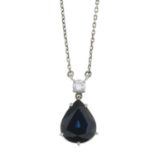 An 18ct gold pear-shape sapphire and diamond pendant,