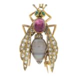 A late 19th century gold diamond and gem-set bug brooch.Gems include emeralds,