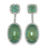 A pair of 18ct gold emerald and brilliant-cut diamond drop earrings.Total emerald weight