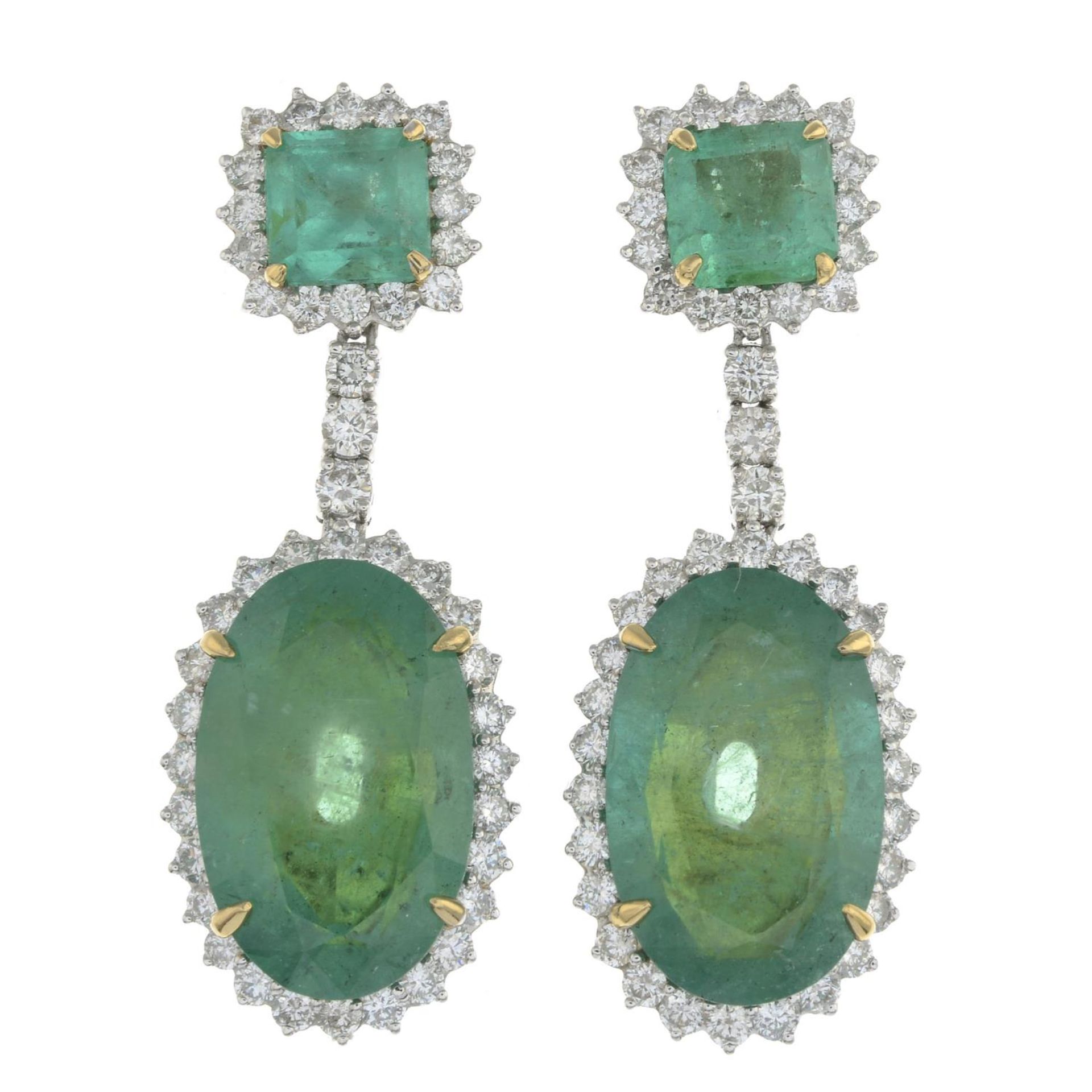 A pair of 18ct gold emerald and brilliant-cut diamond drop earrings.Total emerald weight