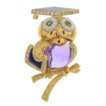 A diamond and gem-set owl brooch.Gems to include lapis lazuli, amethyst, split pearl and emerald.