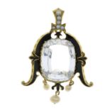 A light pink topaz, black enamel, pearl and split pearl pendant.