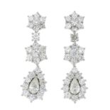 A pair of diamond cluster drop earrings.Estimated total diamond weight 3.65cts,
