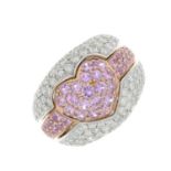 A pave-set pink sapphire heart ring,