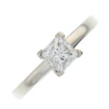 A platinum square-shape diamond single-stone ring.Laser inscription GIA 17597784,