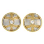 A pair of 18ct bi-colour gold diamond earrings.Estimated total diamond weight 0.30ct,