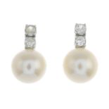 A pair of 18ct gold old-cut diamond and cultured pearl earrings.Approximate dimensions of cultured