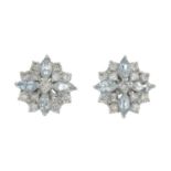 A pair of aquamarine and vari-cut diamond earrings.Total aquamarine weight 0.56ct,