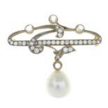 A mid 20th century cultured pearl and vari-cut diamond brooch.Estimated old-cut diamond weight