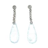 A pair of old-cut diamond and aquamarine earrings.Total aquamarine weight 32.05cts.Estimated total