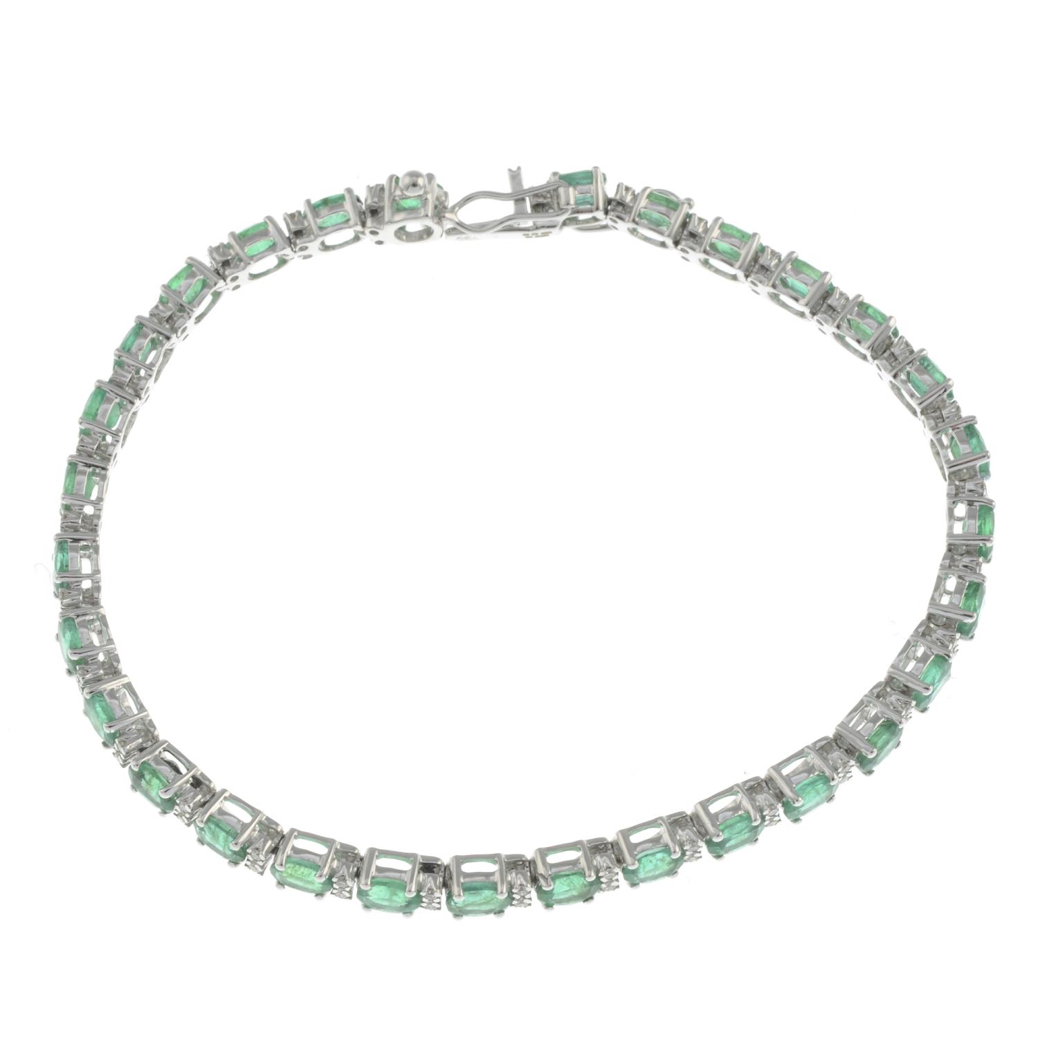 An 18ct gold emerald and brilliant-cut diamond line bracelet.Emerald weight 6.41cts.Diamond weight - Image 3 of 4