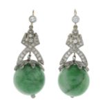 A pair of mid 20th century vari-cut diamond and jade earrings.Estimated total diamond weight