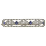 An old and rose-cut diamond and sapphire brooch.Estimated old-cut diamond weight 0.30ct.Length