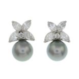 A pair of grey cultured pearl and vari-cut diamond earrings.Cultured pearls measuring approximately