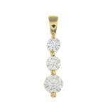 An 18ct gold brilliant-cut diamond three-stone pendant.Estimated total diamond weight 1ct,