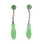 A pair of jadeite and vari-cut diamond earrings.Estimated total diamond weight 0.80ct,