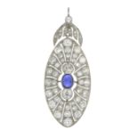 A mid 20th century sapphire and old-cut diamond pendant.Sapphire weight 1.20cts.Estimated total