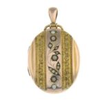 A late Victorian gold coral and split pearl locket.Length 6cms.