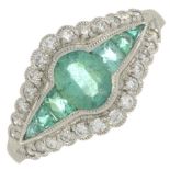 A platinum emerald and brilliant-cut diamond cluster dress ring.