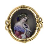 A 19th century Continental gold painted brooch, painted to depict a lady.Length 6cms.