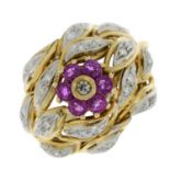 An 18ct gold ruby and single-cut diamond floral dress ring.Estimated total diamond weight