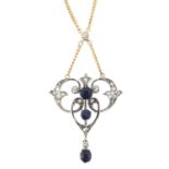 An early 20th century gold sapphire and circular-cut diamond pendant suspended from an integral