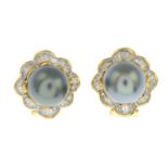 A pair of grey cultured pearl and tapered baguette-cut diamond earrings.Cultured pearl measuring