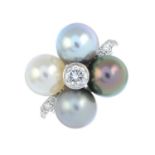 An 18ct gold vari-hue cultured pearl and brilliant-cut diamond ring.Estimated total diamond weight