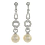 A pair of cultured pearl and vari-cut diamond drop earrings.Approximate dimensions of one cultured