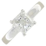 A platinum rectangular-shape diamond single-stone ring.Estimated diamond weight 1ct,