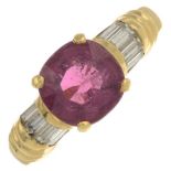 A pink tourmaline and diamond ring.