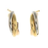 A pair of 'Trinity' tri-colour hoop earrings, by Cartier.Signed Cartier.Stamped 750.Length 1cm.
